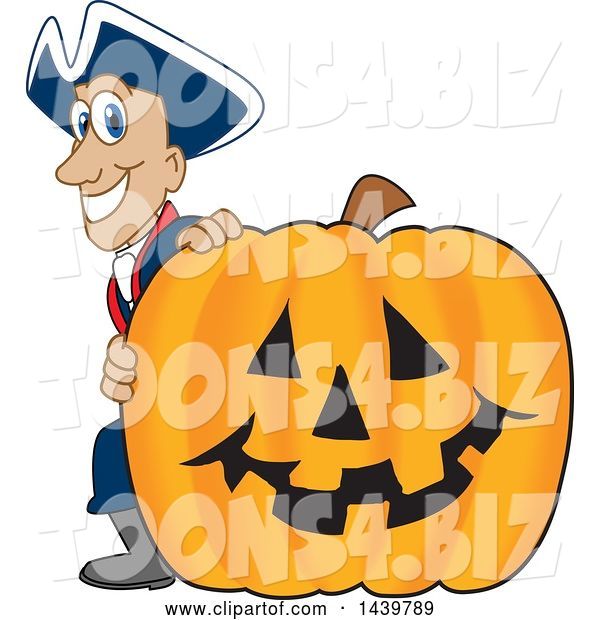 Vector Illustration of a Cartoon Patriot Mascot with a Halloween Pumpkin