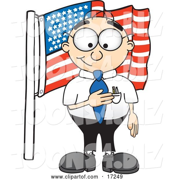 Vector Illustration of a Cartoon Patriotic White Businessman Nerd Mascot Pledging Allegiance to an American Flag