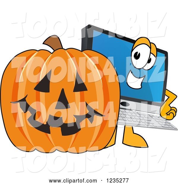 Vector Illustration of a Cartoon PC Computer Mascot and a Halloween Pumpkin