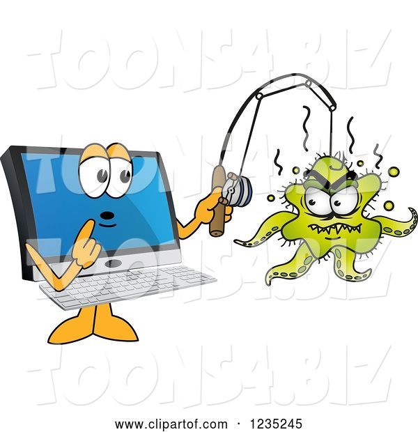 Vector Illustration of a Cartoon PC Computer Mascot Catching a Virus
