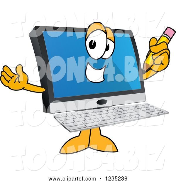 Vector Illustration of a Cartoon PC Computer Mascot Holding a Pencil