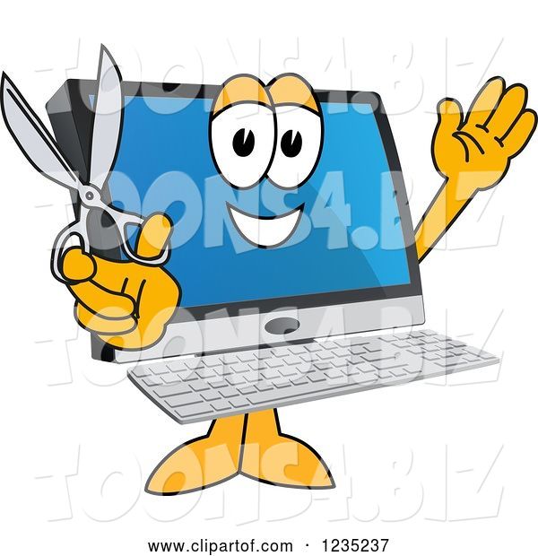 Vector Illustration of a Cartoon PC Computer Mascot Holding Scissors