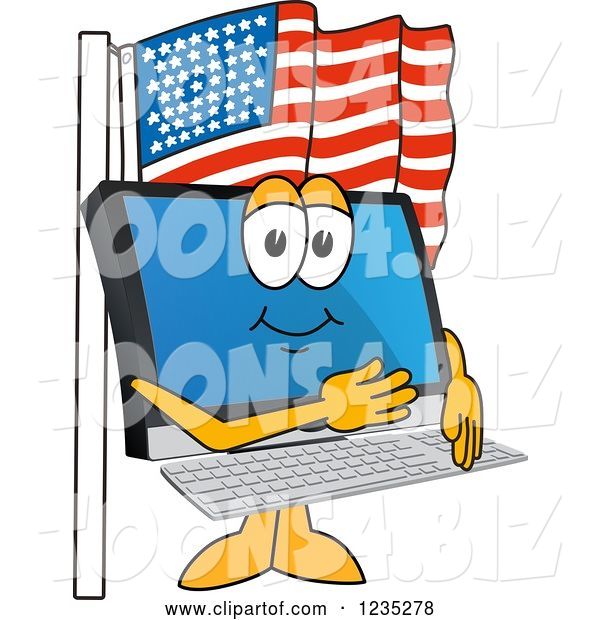 Vector Illustration of a Cartoon PC Computer Mascot Pledging Allegiance to the American Flag