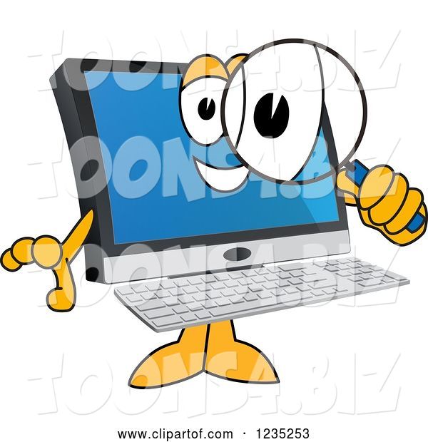 Vector Illustration of a Cartoon PC Computer Mascot Searching with a Magnifying Glass