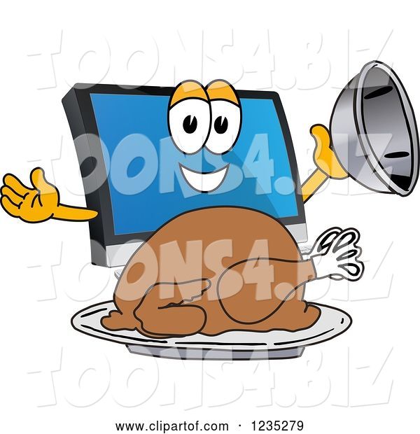 Vector Illustration of a Cartoon PC Computer Mascot Serving a Thanksgiving Turkey