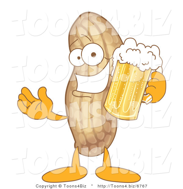 Vector Illustration of a Cartoon Peanut Mascot Holding Beer