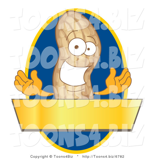 Vector Illustration of a Cartoon Peanut Mascot Logo with a Blue Oval and Gold Banner