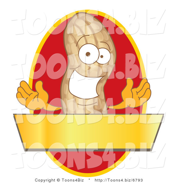 Vector Illustration of a Cartoon Peanut Mascot Logo with a Red Oval and Gold Banner