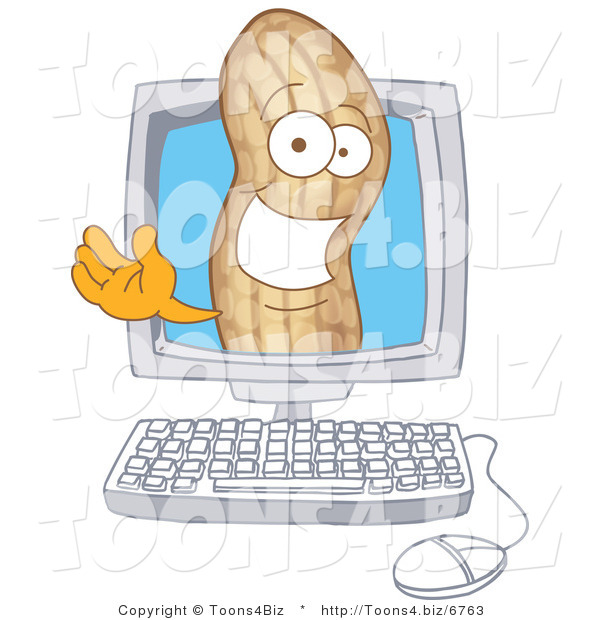 Vector Illustration of a Cartoon Peanut Mascot on a Computer Screen