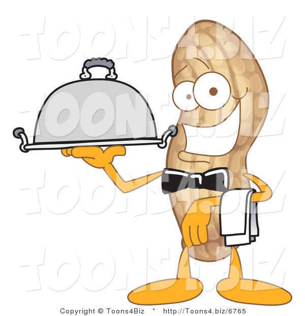 Vector Illustration of a Cartoon Peanut Mascot Waiter with a Platter