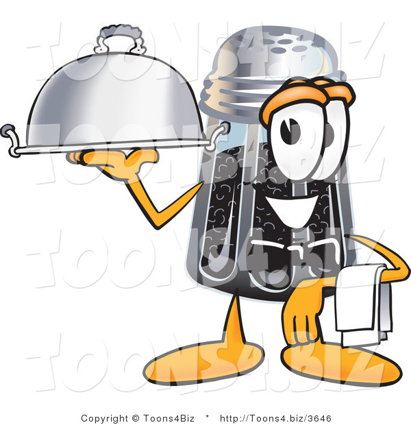 Vector Illustration of a Cartoon Pepper Shaker Mascot Dressed As a Waiter and Holding a Serving Platter