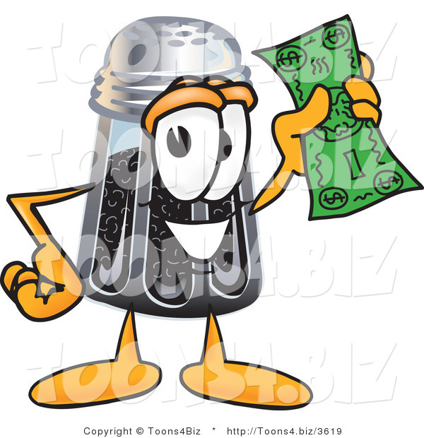Vector Illustration of a Cartoon Pepper Shaker Mascot Holding a Dollar Bill