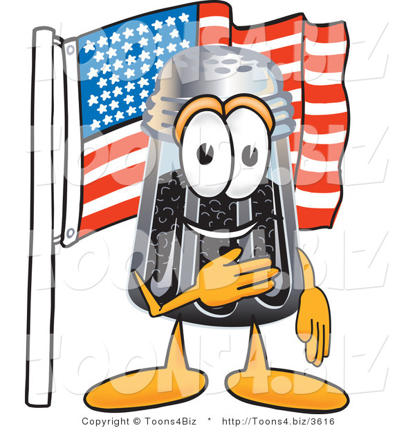 Vector Illustration of a Cartoon Pepper Shaker Mascot Pledging Allegiance to an American Flag