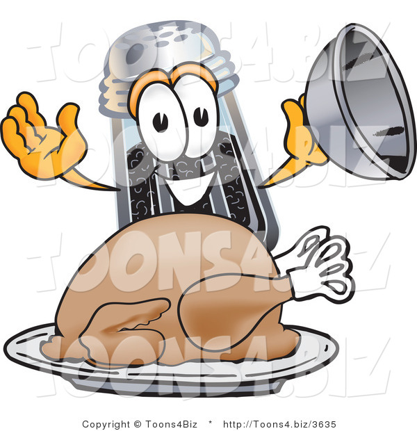 Vector Illustration of a Cartoon Pepper Shaker Mascot Serving a Thanksgiving Turkey on a Platter