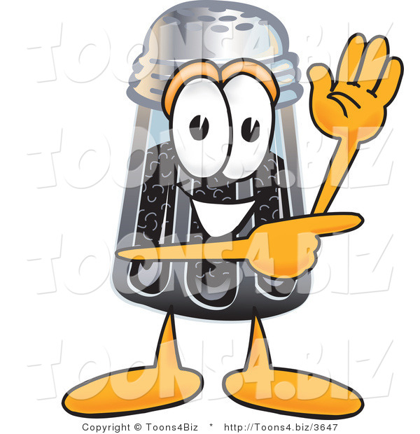 Vector Illustration of a Cartoon Pepper Shaker Mascot Waving and Pointing