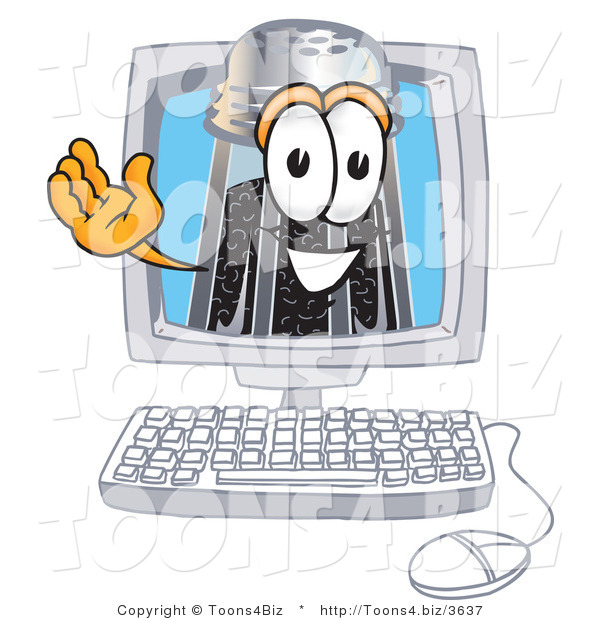 Vector Illustration of a Cartoon Pepper Shaker Mascot Waving from Inside a Computer Screen