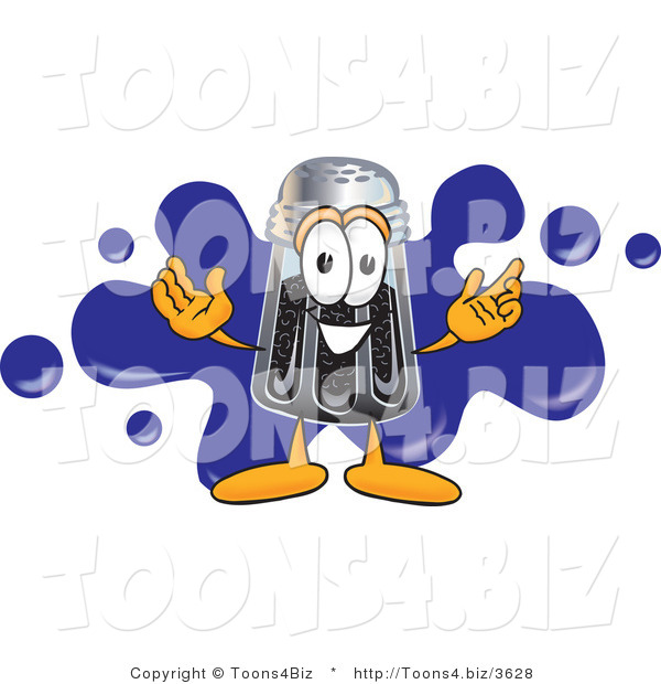 Vector Illustration of a Cartoon Pepper Shaker Mascot with a Blue Paint Splatter