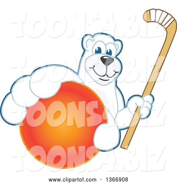 Vector Illustration of a Cartoon Polar Bear School Mascot Grabbing a Ball and Holding a Hockey Stick