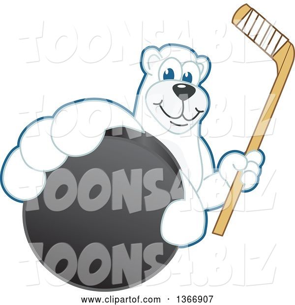 Vector Illustration of a Cartoon Polar Bear School Mascot Grabbing a Puck and Holding a Hockey Stick