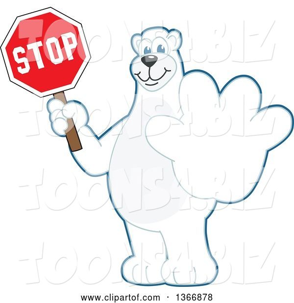 Vector Illustration of a Cartoon Polar Bear School Mascot Holding out a Paw and a Stop Sign