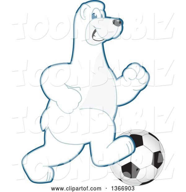 Vector Illustration of a Cartoon Polar Bear School Mascot Playing Soccer
