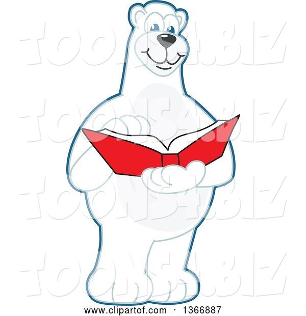 Vector Illustration of a Cartoon Polar Bear School Mascot Reading a Book