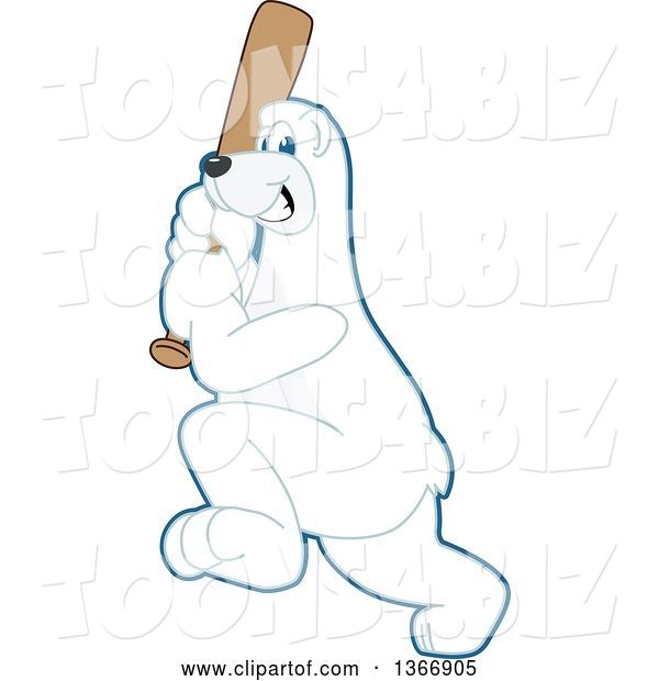 Vector Illustration of a Cartoon Polar Bear School Mascot Swinging a Baseball Bat