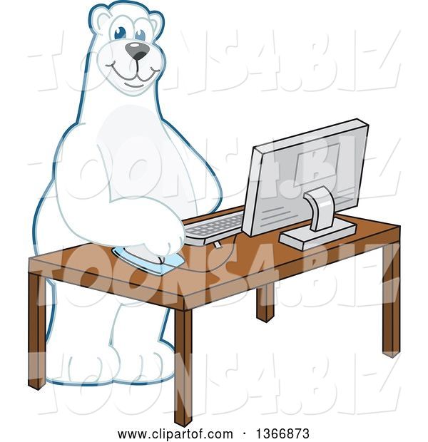 Vector Illustration of a Cartoon Polar Bear School Mascot Using a Desktop Computer