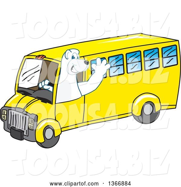Vector Illustration of a Cartoon Polar Bear School Mascot Waving and Driving a School Bus