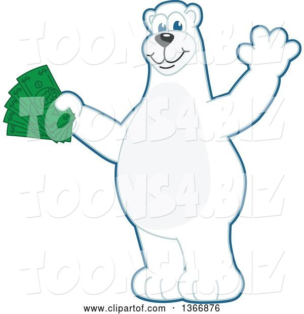 Vector Illustration of a Cartoon Polar Bear School Mascot Waving and Holding Cash Money