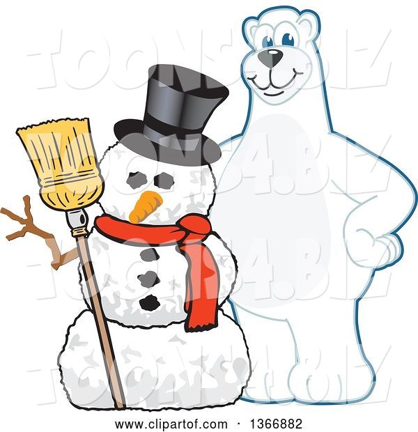 Vector Illustration of a Cartoon Polar Bear School Mascot with a Christmas Snowman