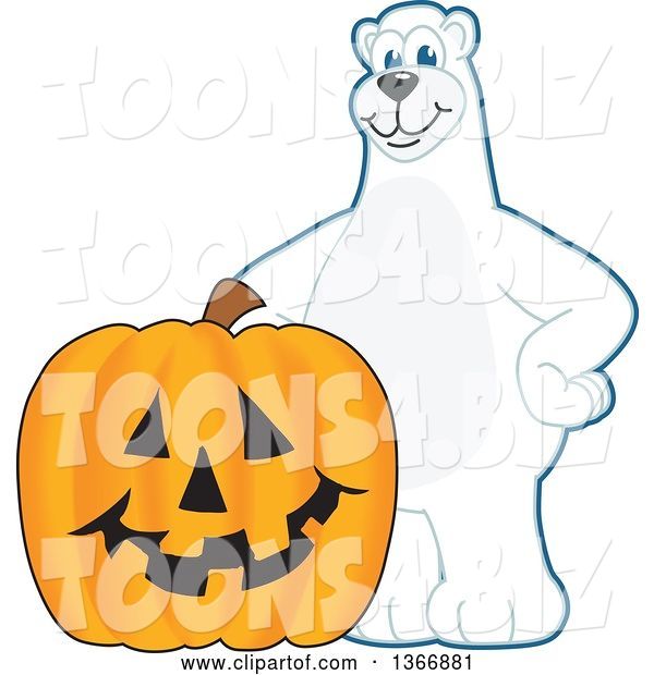 Vector Illustration of a Cartoon Polar Bear School Mascot with a Halloween Jackolantern Pumpkin