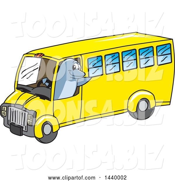 Vector Illustration of a Cartoon Porpoise Dolphin School Mascot Driving a School Bus