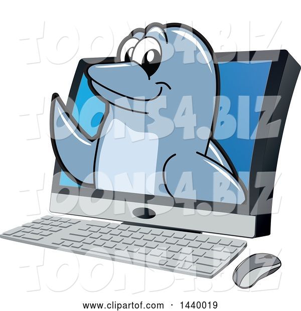 Vector Illustration of a Cartoon Porpoise Dolphin School Mascot Emerging from a Computer Screen