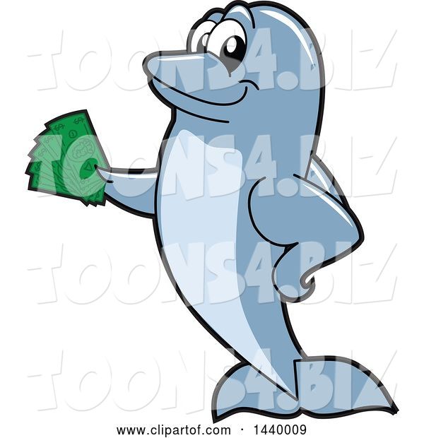 Vector Illustration of a Cartoon Porpoise Dolphin School Mascot Holding Cash