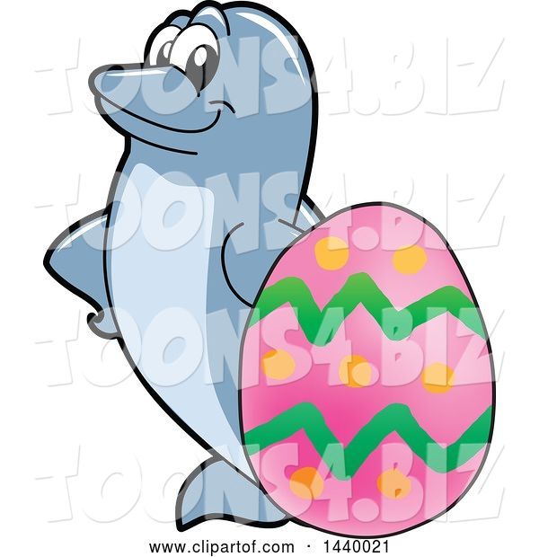 Vector Illustration of a Cartoon Porpoise Dolphin School Mascot with an Easter Egg
