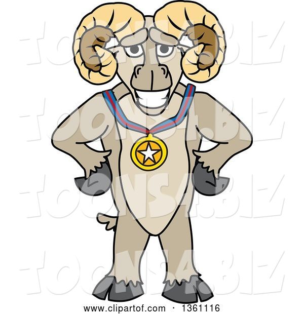 Vector Illustration of a Cartoon Ram Mascot Champion Posing with a Sports Medal