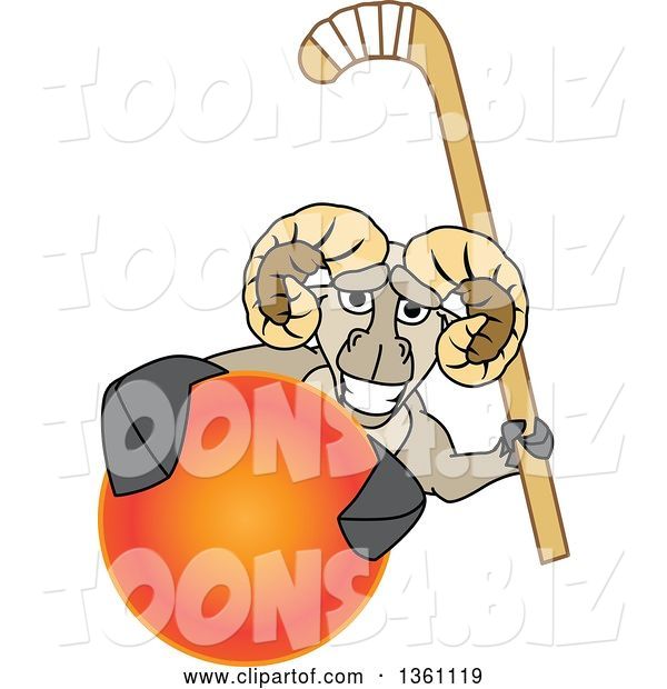 Vector Illustration of a Cartoon Ram Mascot Holding a Stick and Grabbing a Field Hockey Ball