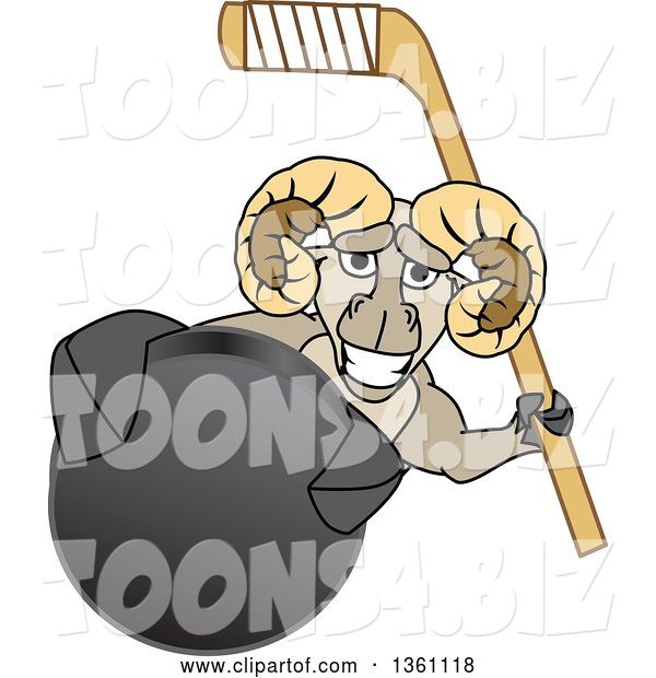 Vector Illustration of a Cartoon Ram Mascot Holding a Stick and Grabbing a Hockey Puck
