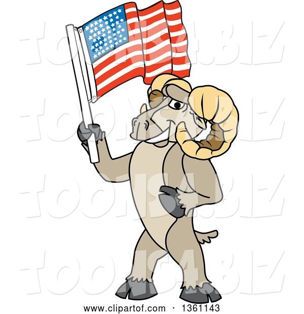Vector Illustration of a Cartoon Ram Mascot Holding an American Flag