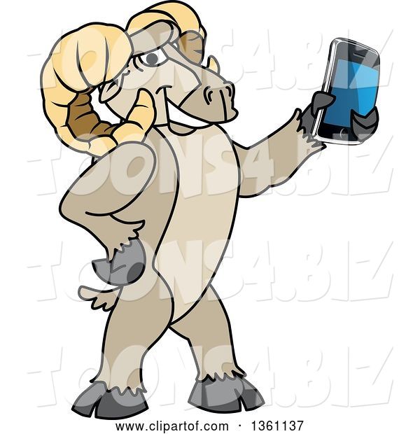 Vector Illustration of a Cartoon Ram Mascot Holding out a Smart Phone