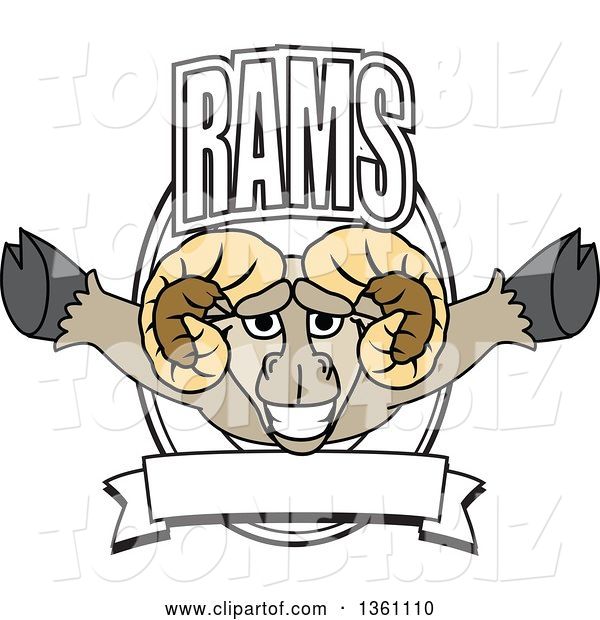 Vector Illustration of a Cartoon Ram Mascot Leaping out of a Shield with Text and a Blank Banner