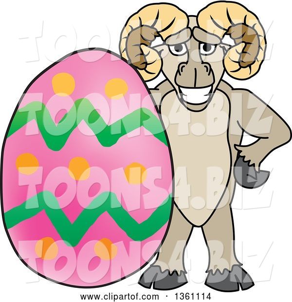 Vector Illustration of a Cartoon Ram Mascot Posing with an Easter Egg