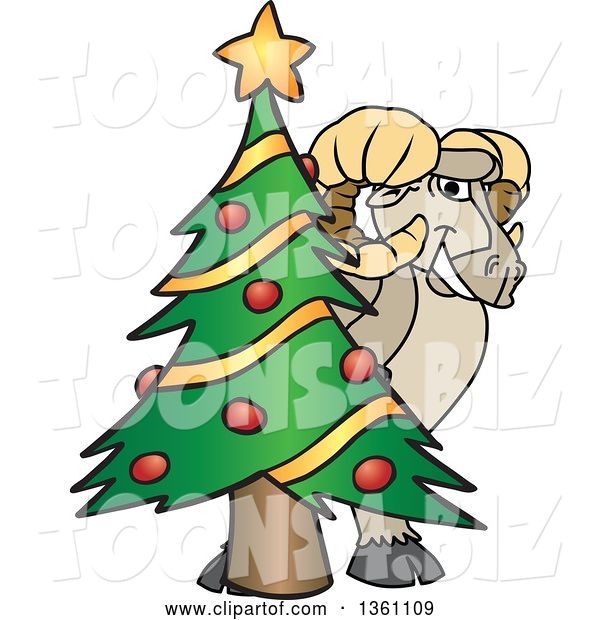 Vector Illustration of a Cartoon Ram Mascot Smiling Around a Christmas Tree