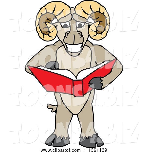 Vector Illustration of a Cartoon Ram Mascot Student Reading a Book
