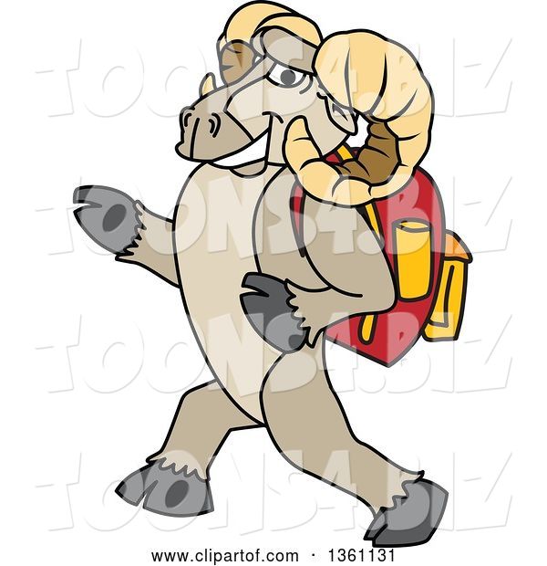 Vector Illustration of a Cartoon Ram Mascot Student Walking with a Backpack