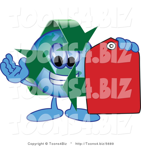 Vector Illustration of a Cartoon Recycle Mascot Holding a Red Price Tag