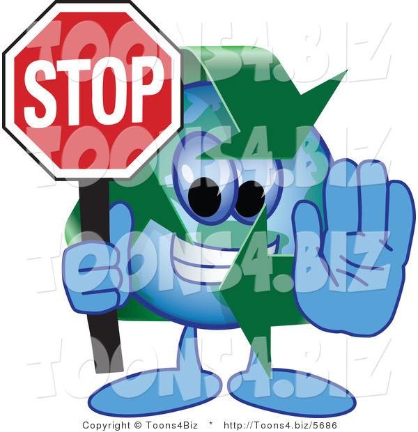 Vector Illustration of a Cartoon Recycle Mascot Holding a Stop Sign