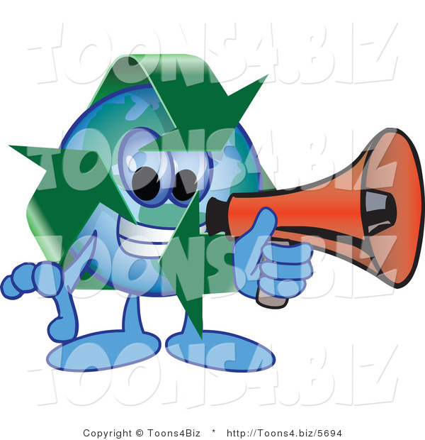 Vector Illustration of a Cartoon Recycle Mascot Using a Megaphone