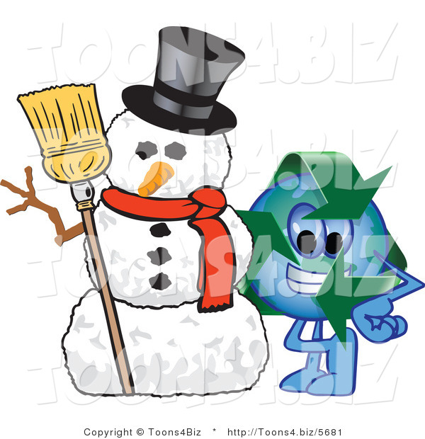 Vector Illustration of a Cartoon Recycle Mascot with a Snowman